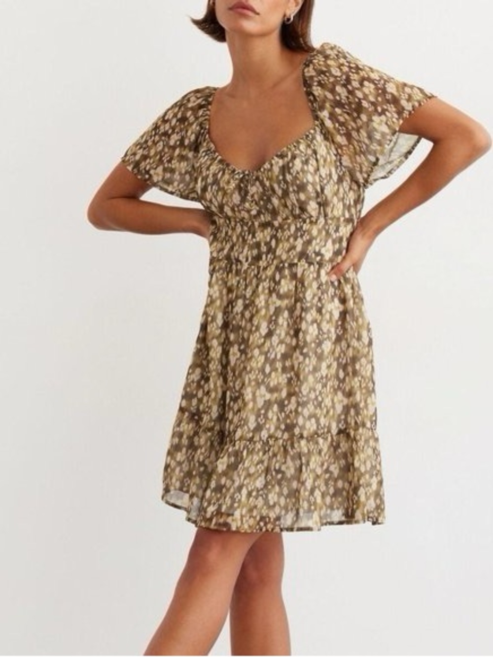 Dynamite Olive Floral Babydoll Dress